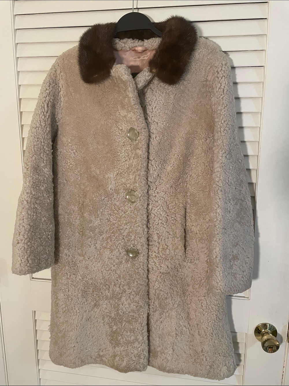 Vintage Cream Teddy Jacket with Brown Fur Collar